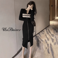 UNBAISER 여성 힙업 슬림핏 지퍼 골지 스판 니트 원피스
