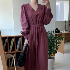 브이넥 셔링 벌룬 소매 퍼프 허리끈 스트링 포켓 루즈핏 맥시 롱 원피스 가을 겨울