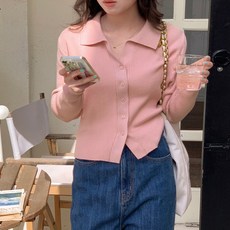 세미 크롭 오픈 카라 골지 가디건 니트 여성 브이넥 긴팔