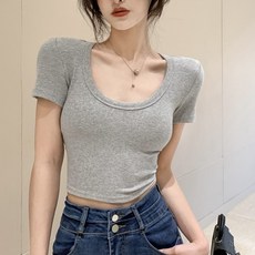 모네타 여성용 기본 베이직 라운드넥 크롭 반팔 상의