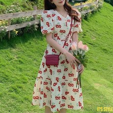 잇츠스타일 [L-4XL] 브이넥 복고 레드 플라워 퍼프 소매 반팔 여름 원피스