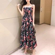 노이디제이 플라워 프린팅 쉬폰 스모크 플레어 롱 원피스 INO025A