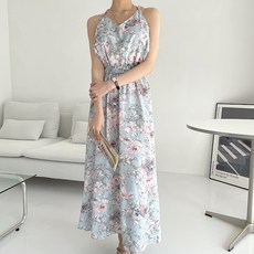 아뗄릭 바캉스룩 허리 밴딩 슬림핏 플라워 뒷트임 나시 미디 원피스 13824
