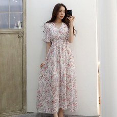 이힝 프라우 플라워 브이넥 쉬폰 롱원피스