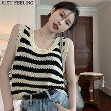 JUST FEEL!NG 여성 민소매 니트 나시 티셔츠 여름 펀칭 나시 스트라이프 크롭 이너 나시 빅사이즈 비치웨어
