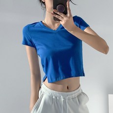 파란색 크롭 티 브이넥 싸이 드레스코드 흠뻑쇼 콘서트 여성 셔츠 2022 옷 기본 파란 배꼽티 라운드 여름
