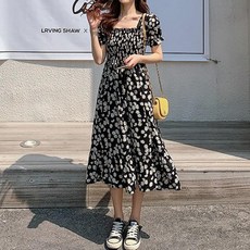 데일로엔 여성 스퀘어넥 데이지 꽃무늬 롱 원피스