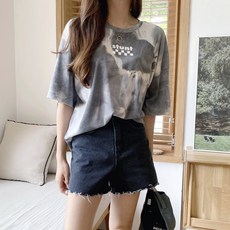 여성용 하느비 루즈핏 물나염 라운드넥 반팔 티셔츠 T9836K25