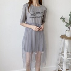 네쥬 여성 여름 라운드 시스루 레이어드 예쁜 반팔 면 원피스