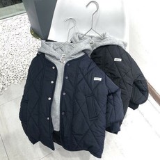 [랑] 키즈공용 후드레이어드 점퍼 (100호~140호 네이비 블랙 ) 봄 가을 여아 남아 후드점퍼 누빔점퍼 항공점퍼