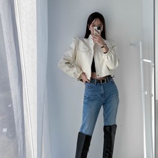 봄신상 하이넥 가죽자켓 퍼프소매 크롭 레더 자켓