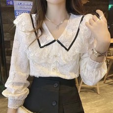 레이스블라우스 블라우스 여성블라우스 원신 인형 칼라 레이스 쉬폰 여 이너 양기 다운 셔츠 춘추감 시크 탑 이미지 컬러 S