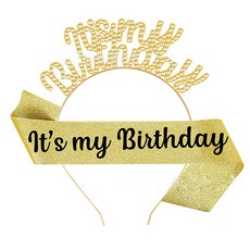 이자벨홈 레인보우 it's my birthday 생일파티 어깨끈 머리띠 세트, 골드블랙, 1세트