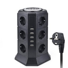 타워 전원 스트립 서지 프로텍터 수직 멀티 소켓 12 웨이 범용 콘센트 EU 플러그 5 USB 연장 코드, 한개옵션1, 01 BLACK