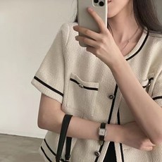 [44~66] 모던 심플 반팔 배색 트위드 자켓 노카라 재킷 세미크롭