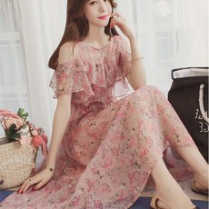 Crzen 여자 여름 플라워 원피스 쉬폰 원피스 오프숄더 미디원피스 23N322