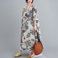 나드리 중년여성 빅사이즈 린넨 면 꽃무늬 대형 맥시 롱 원피스
