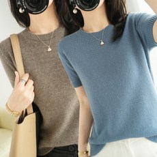 1+1 여성용 베이직 라운드넥 니트 반팔티 부드러운 니트 간절기 데일리룩 티셔츠 8A778