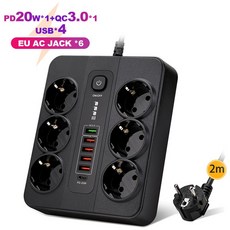 타워멀티탭 USB 고속 충전 전원 스트립 유럽 플매트 카펫 러그 소켓 PD20W QC3.0 3000W 6AC 2m 연장 코드 스위치, [01] Eu 플매트 카펫 러그, [01] EU PD20W BKL11 1pcs