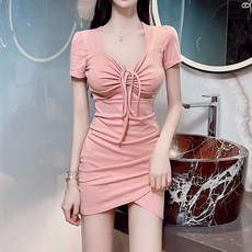 글램디브 하트넥 가슴꼬임 리본 미니원피스 포트린 AH0879