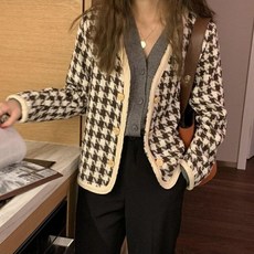 봄 여성 트위드 자켓 카라 노카라 숏 라운드넥 격자 무늬 컬러 코트 의 사건 다목적