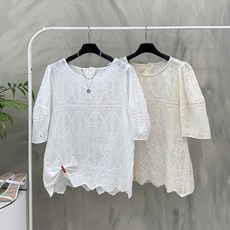 행복여 에스닉 자수 펀칭 레이스 벌룬 소매 블라우스