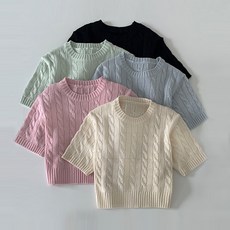 [색감맛집/5color] 귀여움 주의 파스텔 꽈배기 케이블 라운드 세미 크롭 반팔 니트]퓨어케이블니트
