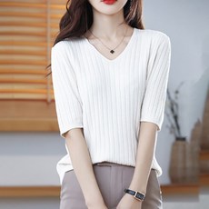 알로데 여성용 라벨르 브이넥 골지 반팔 니트