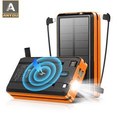 ANYOU 보조배터리 30000mAh 무선 대용량 태양광 손전등 사합일의 보조배터리, 오렌지
