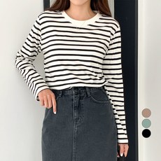 무드인더 여성용 스트라이프 라운드넥 데일리 긴팔티