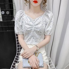 하트넥 블라우스 원피스 셔링 꽃무늬 쉬폰 셔츠 칼라 퍼프 반소매