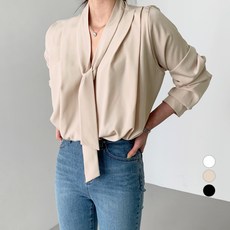 보에리에 여성용 브이넥 셔링 타이 블라우스