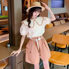 키즈목마 여름 여아 상하의세트 주니어 빅카라 반팔블라우스 밴딩 반바지세트 투피스