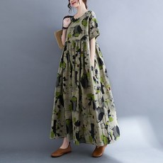 빅사이즈 여름 라운드 프린트 반팔 롱 원피스