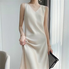 꽃소담 여성 실크 브이넥 민소매 롱 원피스 QQC03