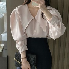 [랜덤플레이] 빅 카라넥 포인트 단추 블라우스