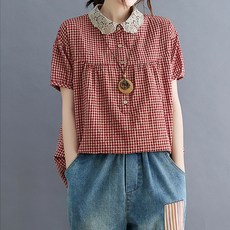 유니제이 니엘 레이스 카라 체크 블라우스