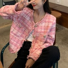 [랜덤플레이] 핑크 루즈핏 체크 트위드 자켓