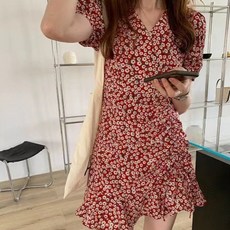 몬드스팟 여성용 퍼프 소매 꽃무늬 숏 반팔 원피스 MO65