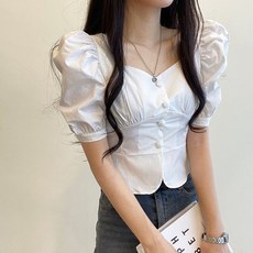 [레티고] 퍼프 반팔 허리 버튼 크롭 블라우스