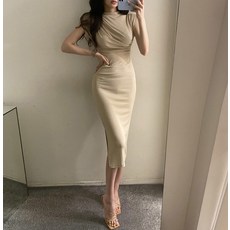 설온 여자 보트넥 셔링 슬림라인 롱 원피스 슬루
