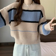 채윤러브 chaeyoon love 여성 반폴라 루즈핏 투톤 배색 캐주얼 니트티