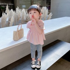 쁘띠앙쥬 여름 여아 데님체크 2종세트 청바지+체크블라우스