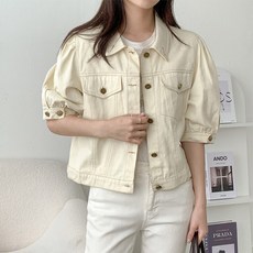 티탁 여성 데일리 칼라넥 버튼 스티치 셔링 퍼프 숏 캐주얼 데님 면 반팔 재킷 TTCE71