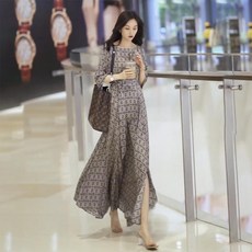 여성 접촉냉감원피스 아이스실크 그레이 체크 보트넥 롱원피스