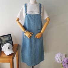 상상그이상 여성용 청 멜빵치마 데님 뷔스티에 롱원피스 빈티지 워싱 편안한 레이어드 청원피스