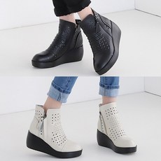 벨루치슈즈 여성 천연소가죽 가보시 통굽 발편한 엄마 중년 펀칭 앵클 숏부츠 반부츠 7cm 여름통굽부츠
