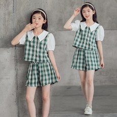 베비포 여아용 데이지 체크 상하복 세트 R37