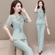 ANYOU 여성 슬림핏 봄가을 여름 블라우스 +정장바지 세트 M184