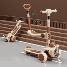 eyimtech 곰돌이 접이식 유아킥보드 활차 발광바퀴 씽씽카, 카멜+시트+밀대
